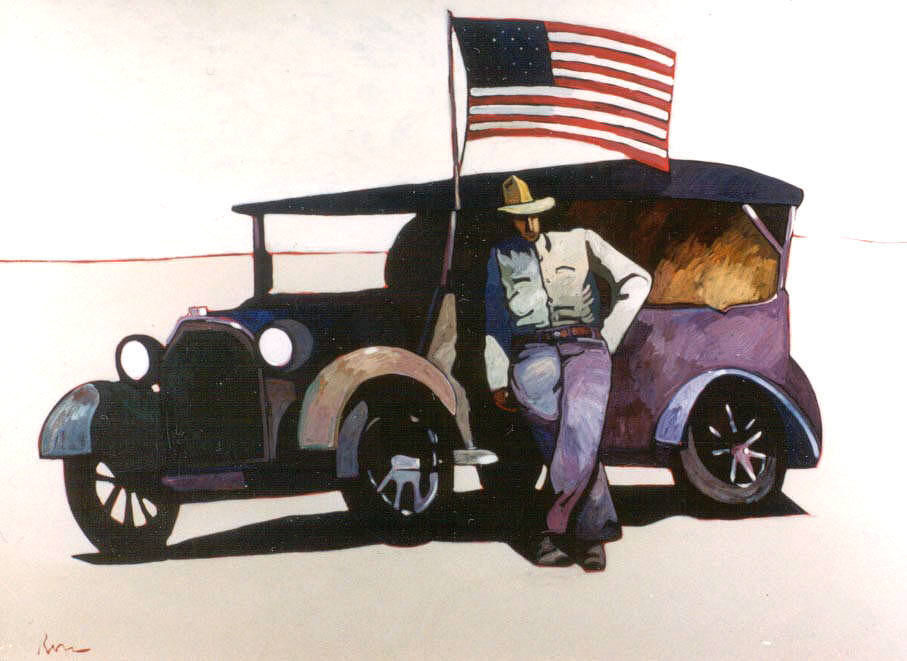 Artist: Thom Ross, Title: Roy Chapman Andrews in the Gobi Desert: Man with car in the Desert - click to close window