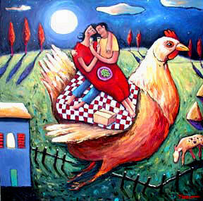 Artist: Debbie Tomassi, Title: And we met, champagne and a chicken at last - click for larger image