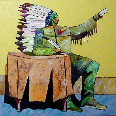 Artist: Thom Ross, Title: Sitting Bull signing Autographs - click for larger image