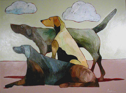 Artist: Thom Ross, Title: Custer's Three Dogs - click for larger image