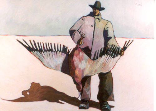 Artist: Thom Ross, Title: Roy Chapman Andrews in the Gobi Desert: Man With Dead Bird - click for larger image
