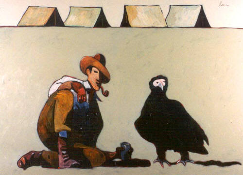 Artist: Thom Ross, Title: Roy Chapman Andrews in the Gobi Desert: Man With Pipe and Vulture - click for larger image