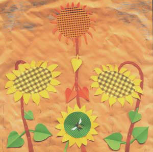 Artist: Bill Braun, Title: Patchwork Sunflowers and Bee - click for larger image