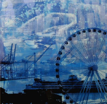 Artist: Brooke Westlund, Title: Seattle Blues Great Wheel and Ferry  -To Be Ordered - click for larger image