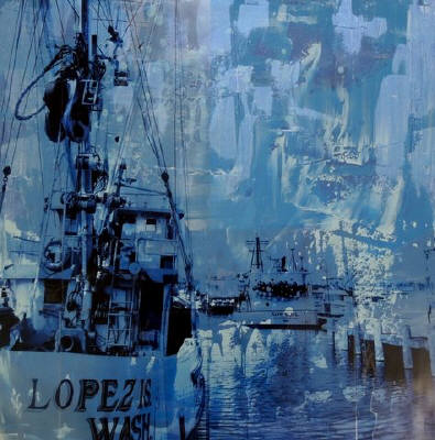 Artist: Brooke Westlund, Title: Seattle Blues -Fishing Boats on Lopez Island -To Be Ordered - click for larger image