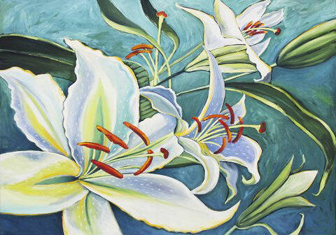 Artist: Debbie Tomassi, Title: White Lily on Blue - click for larger image