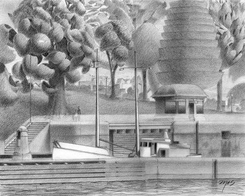 Artist: Mark Skullerud, Title: Ballard Locks II - Graphite Study - click for larger image