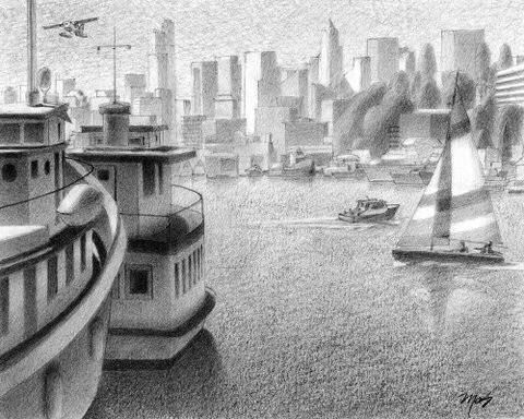 Artist: Mark Skullerud, Title: Downtown from Northlake - Graphite Study - click for larger image