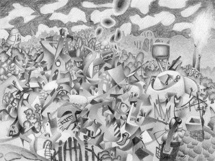 Artist: Mark Skullerud, Title: Our Town - Graphite Study - click for larger image