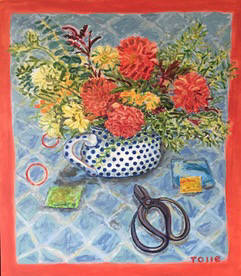 Artist: Pat Tolle, Title: Dahlias With Scissors - click for larger image