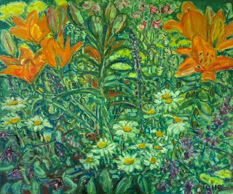 Artist: Pat Tolle, Title: Orange Lilies with Shasta - click for larger image