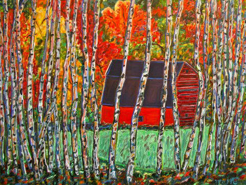 Artist: Pat Tolle, Title: Red Barn Birches - click for larger image
