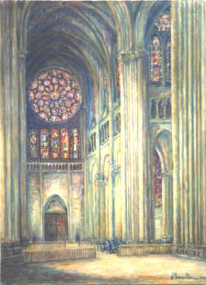 Artist: Pieter J.L. van Veen, Title: Interior of Chartres, Rose Window South - click for larger image