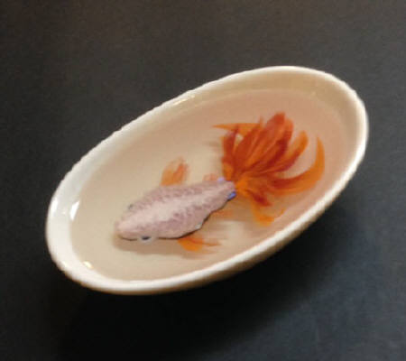 Artist: R. John (Bob) Ichter, Title: Lavender and Gold Ranchu Goldfish in Oval Bowl - click for larger image
