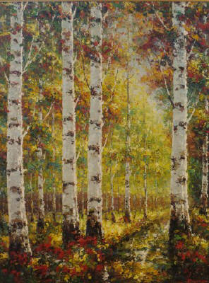 Artist:  Rodrigo, Title: Autumn Path Through Birch Trees - click for larger image