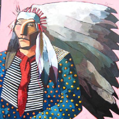 Artist: Thom Ross, Title: Indian with Pheasant Feathers (c) (close up) - click for larger image