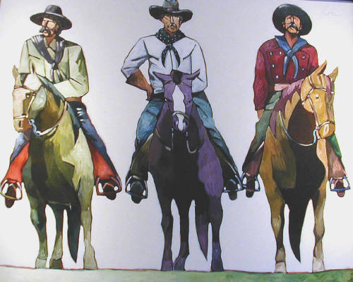 Artist: Thom Ross, Title: Three Cowboys Riding - click for larger image